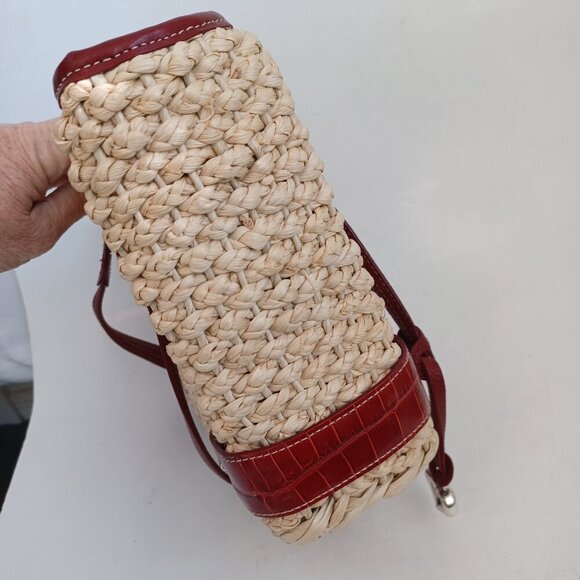 Brighton Bag Woven Natural Straw Red Croc Embossed Leather Floral Charm Dust Bag - Picture 12 of 14